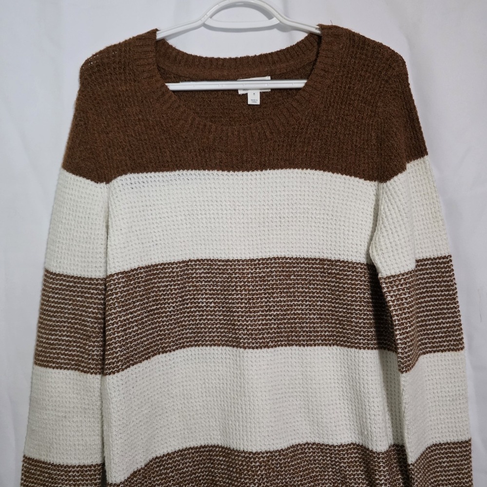 Neutral Stripe Knit Sweater Women M Brown Beige Cozy Fall‎ Soft Pullover